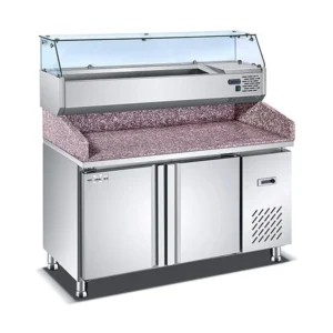 Pizza table-refrigerator TC-1350 – 2-door model with salad bar, stainless steel and 330 liter capacity